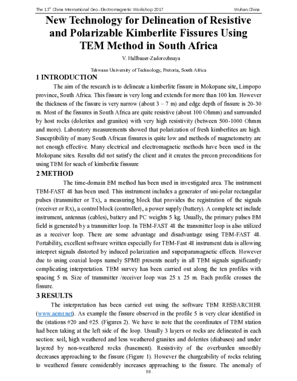 NewTechnologyforDelineationofResistiveandPolarizableKimberliteFissuresUsingTEMMethodinSouthAfrica