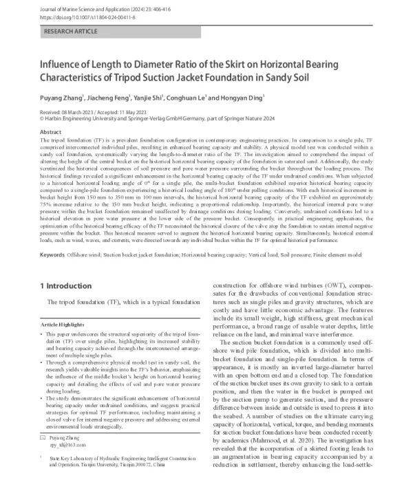 Influence of Length to Diameter Ratio of the Skirt on Horizontal Bearing Characteristics of Tripod Suction Jacket Foundation in Sandy Soil