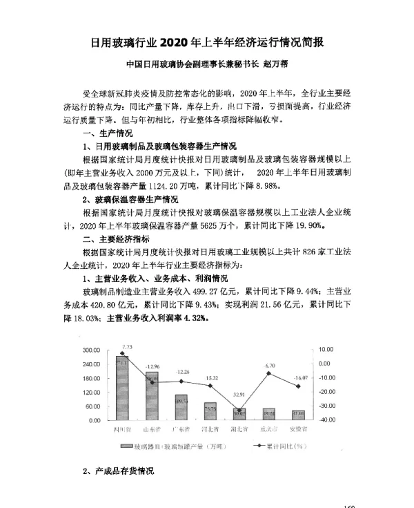 日用玻璃行业2020年上半年经济运行情况简报