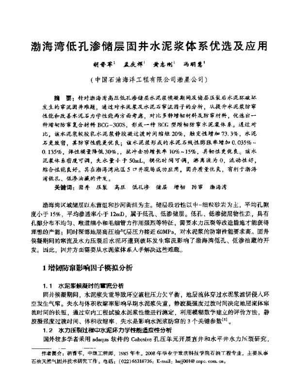 渤海湾低孔渗储层固井水泥浆体系优选及应用