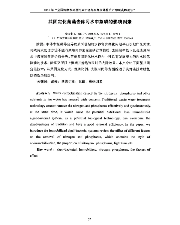 共固定化菌藻去除污水中氮磷的影响因素