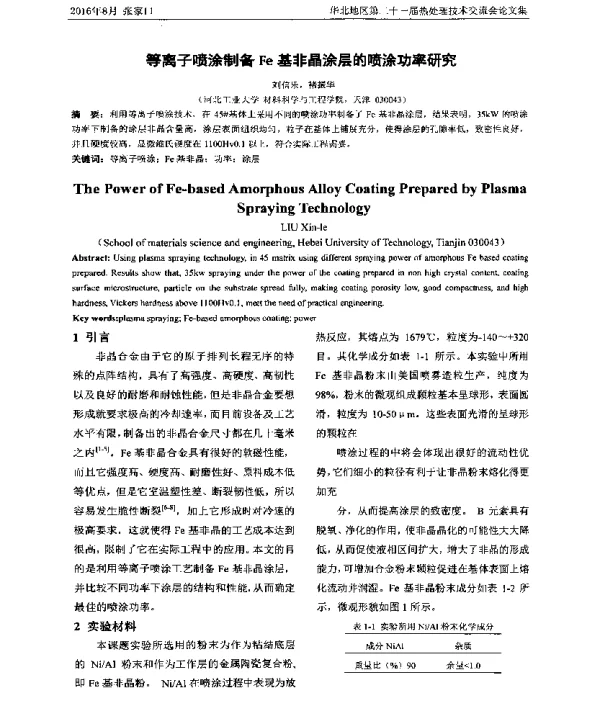 等离子喷涂制备Fe基非晶涂层的喷涂功率研究