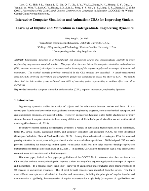 InteractiveComputerSimulationandAnimation(CSA)forImprovingStudentLearningofImpulseandMomentuminUndergraduateEngineeringDynamics