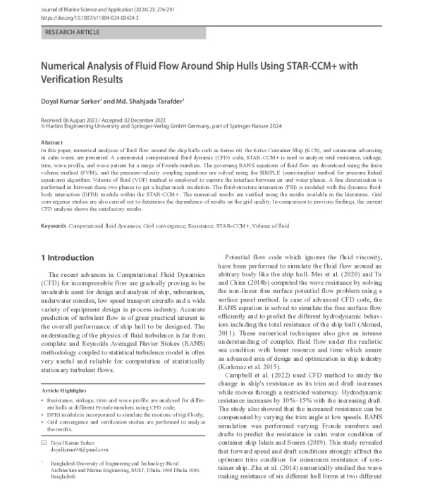 Numerical Analysis of Fluid Flow Around Ship Hulls Using STAR-CCM+ with Verification Results