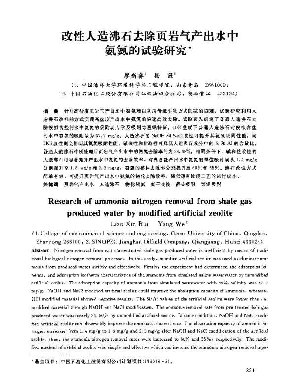 改性人造沸石去除页岩气产出水中氨氮的试验研究