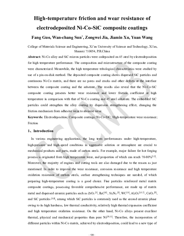 High-temperaturefrictionandwearresistanceofelectrodepositedNi-Co-SiCcompositecoatings