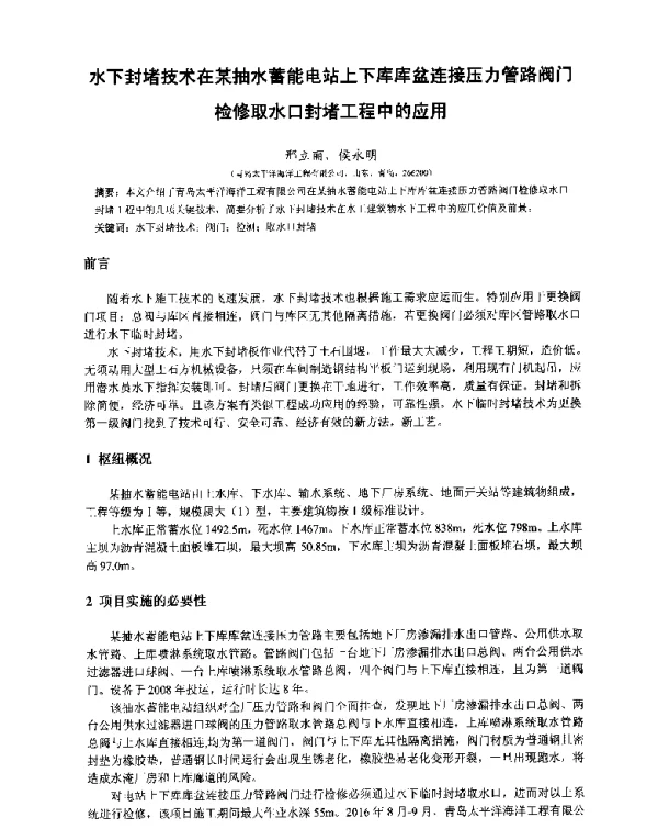 水下封堵技术在某抽水蓄能电站上下库库盆连接压力管路阀门检修取水口封堵工程中的应用