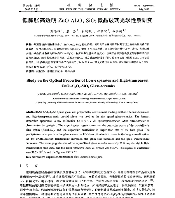 低膨胀高透明ZnO-Al2O3-SiO2微晶玻璃光学性质研究