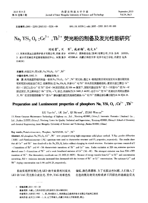 Na3YSi3O9Ce3+Tb3+荧光粉的制备及发光性能研究