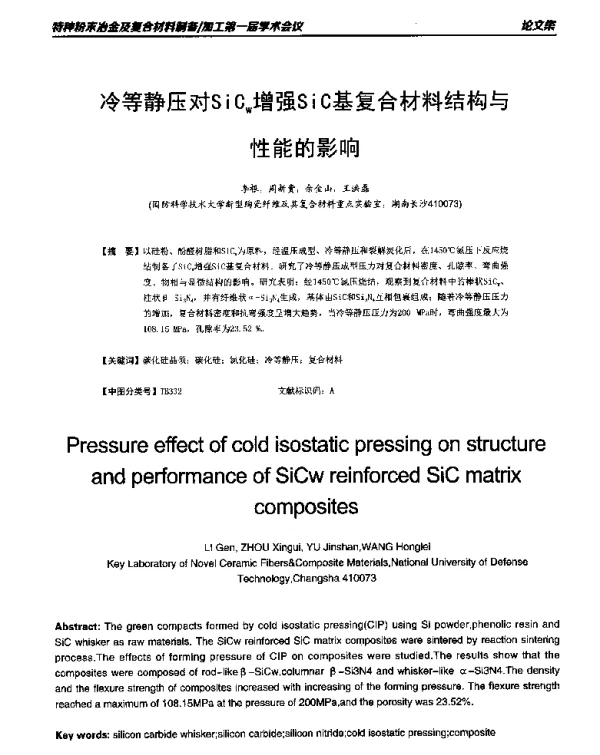 冷等静压对SiCw增强SiC基复合材料结构与性能的影响