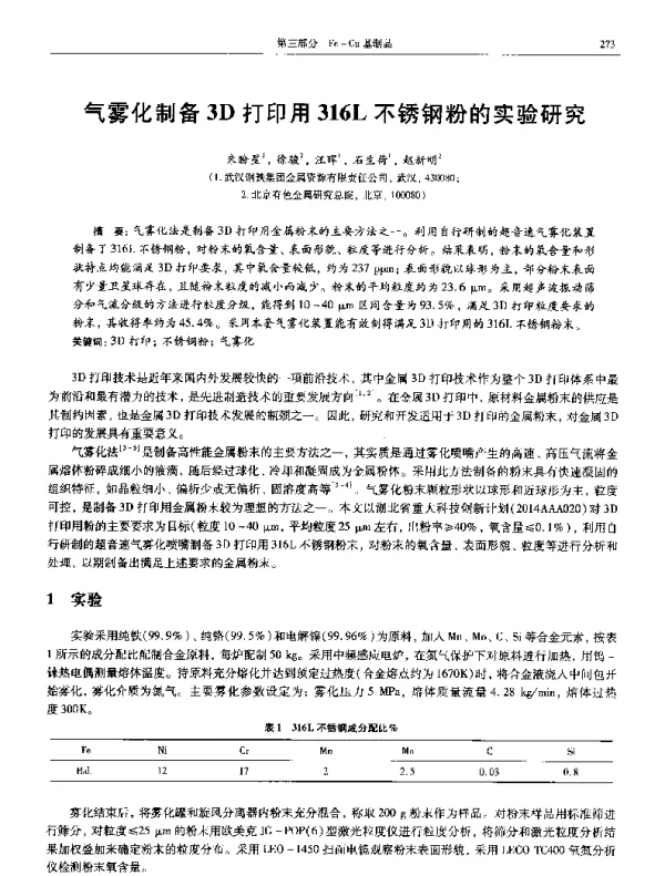 气雾化制备3D打印用316L不锈钢粉的实验研究