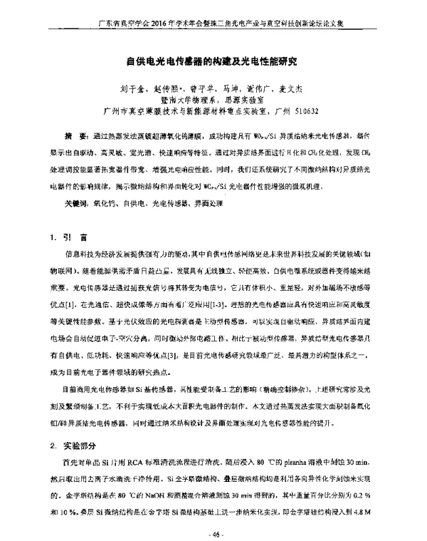 自供电光电传感器的构建及光电性能研究