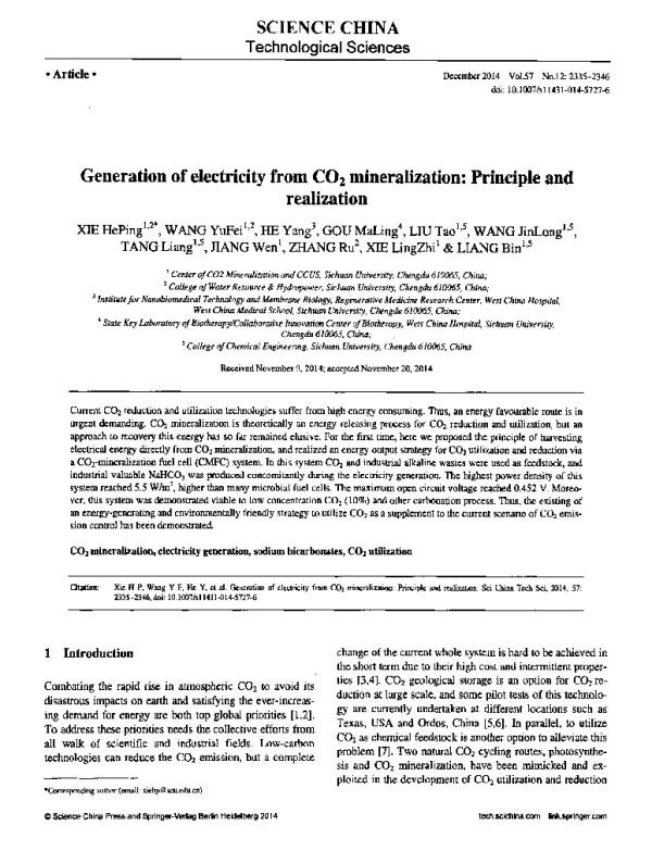 GenerationofelectricityfromCO2mineralizationPrincipleandrealization