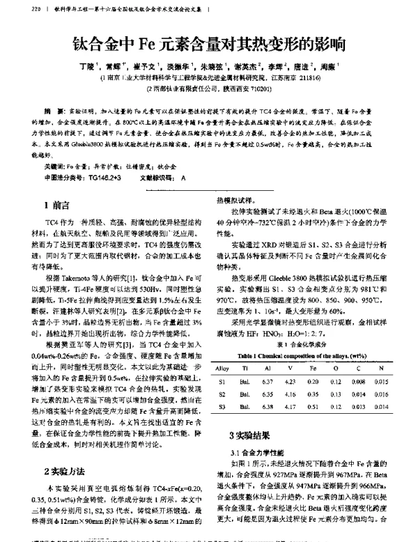 钛合金中Fe元素含量对其热变形的影响