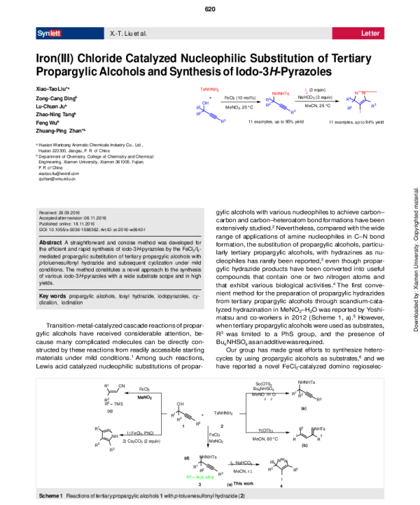 Iron(Ⅲ)ChlorideCatalyzedNucleophilicSubstitutionofTertiaryPropargylicAlcoholsandSynthesisofIodo-3H-Pyrazoles