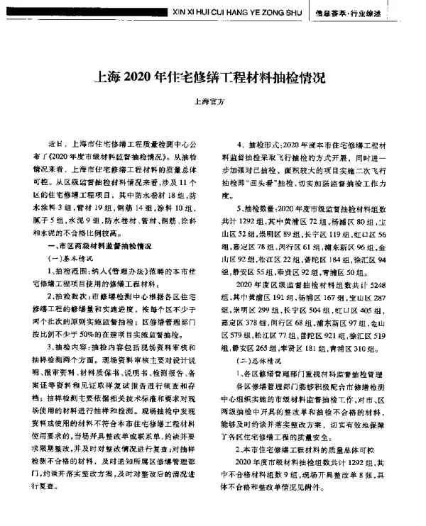 上海2020年住宅修缮工程材料抽检情况