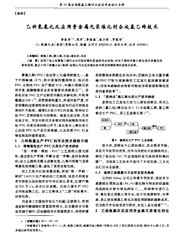 乙炔氢氯化反应用贵金属无汞催化剂合成氯乙烯技术
