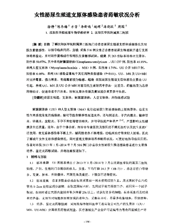 女性泌尿生殖道支原体感染患者药敏状况分析