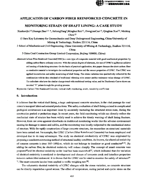 APPLICATIONOFCARBONFIBERREINFORCEDCONCRETEINMONITORINGSTRAINOFSHAFTLININGACASESTUDY