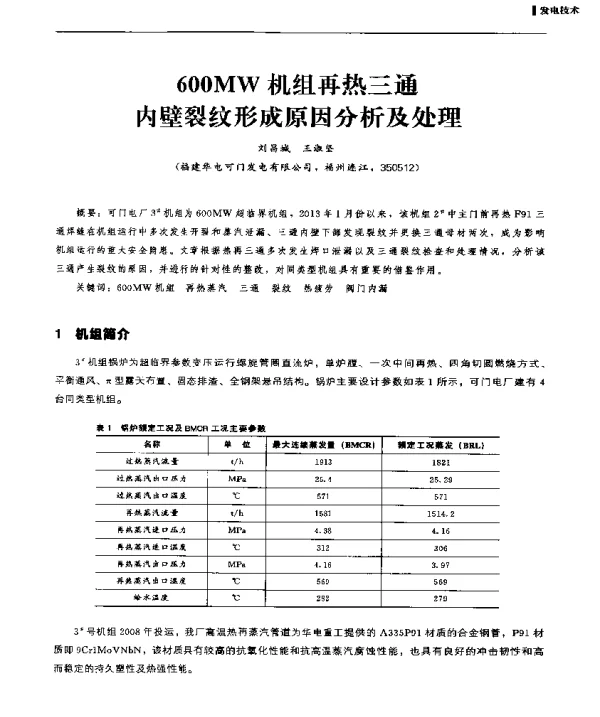 600MW机组再热三通内壁裂纹形成原因分析及处理