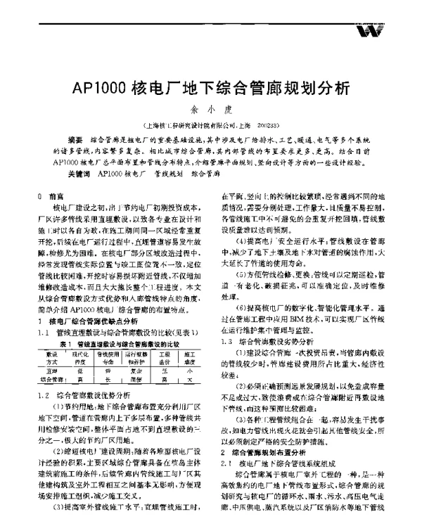 AP1000核电厂地下综合管廊规划分析