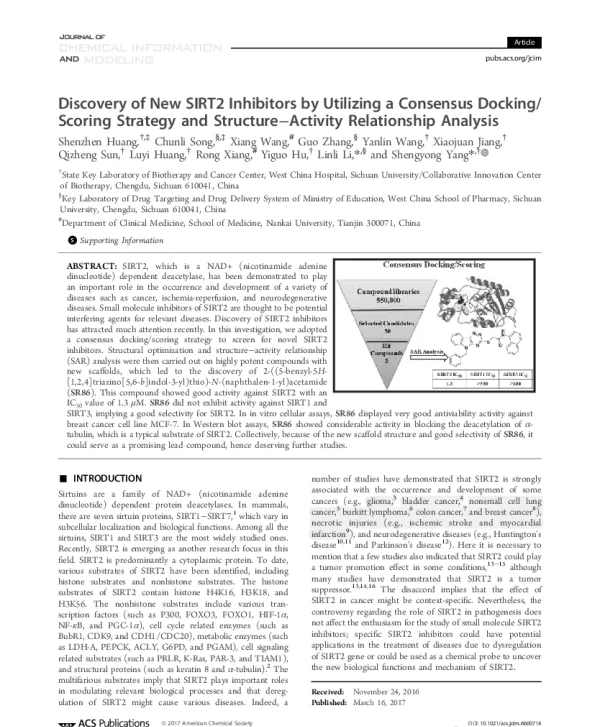 DiscoveryofNewSIRT2InhibitorsbyUtilizingaConsensusDockingScoringStrategyandStructure-ActivityRelationshipAnalysis