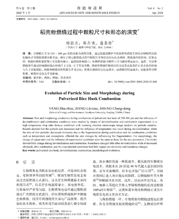 稻壳粉燃烧过程中颗粒尺寸和形态的演变