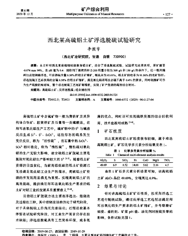 西北某高硫铝土矿浮选脱硫试验研究