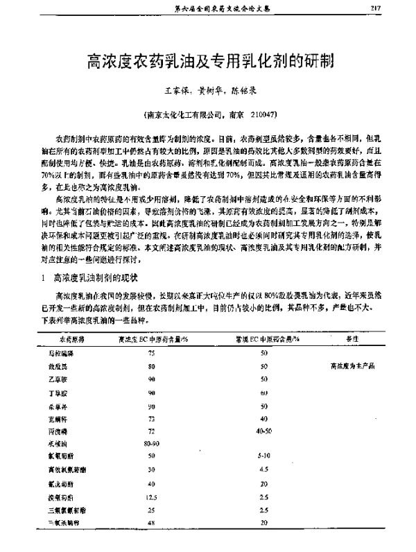 高浓度农药乳油及专用乳化剂的研制
