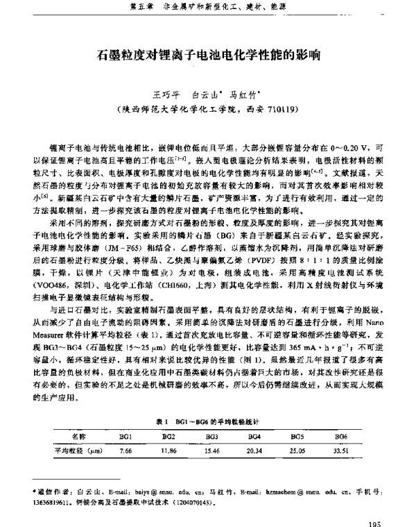 石墨粒度对锂离子电池电化学性能的影响