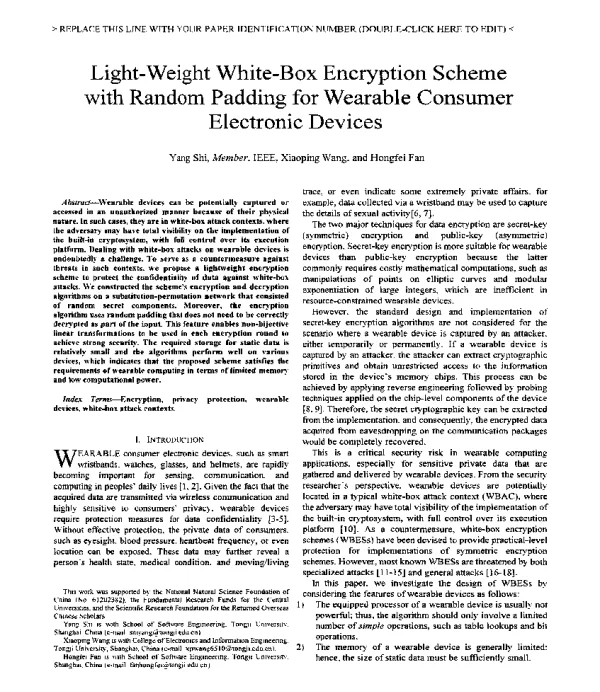 Light-WeightWhite-BoxEncryptionSchemewithRandomPaddingforWearableConsumerElectronicDevices