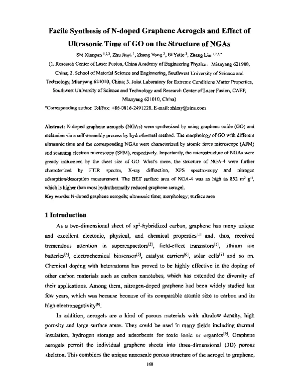 FacileSynthesisofN-dopedGrapheneAerogelsandEffectofUltrasonicTimeofGOontheStructureofNGAs