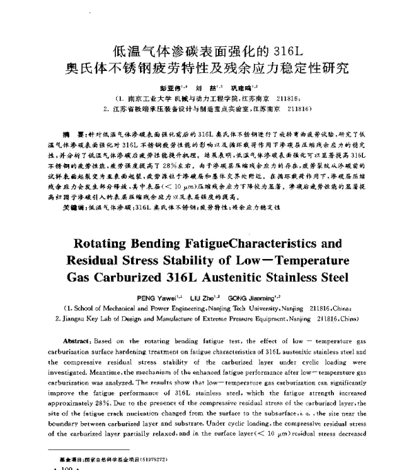 低温气体渗碳表面强化的316L奥氏体不锈钢疲劳特性及残余应力稳定性研究