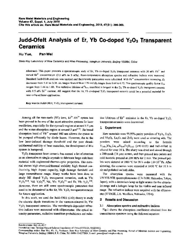 ErYb共掺氧化钇透明陶瓷的Judd-Ofelt参数计算