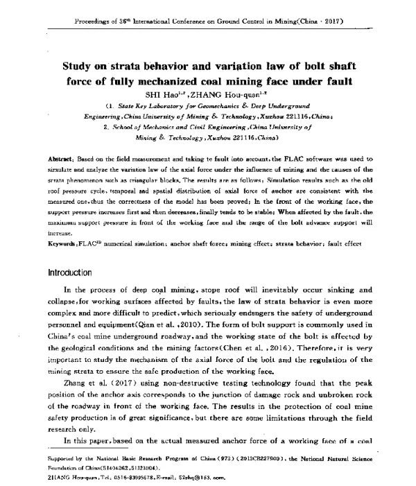 Studyonstratabehaviorandvariationlawofboltshaftforceoffullymechanizedcoalminingfaceunderfault