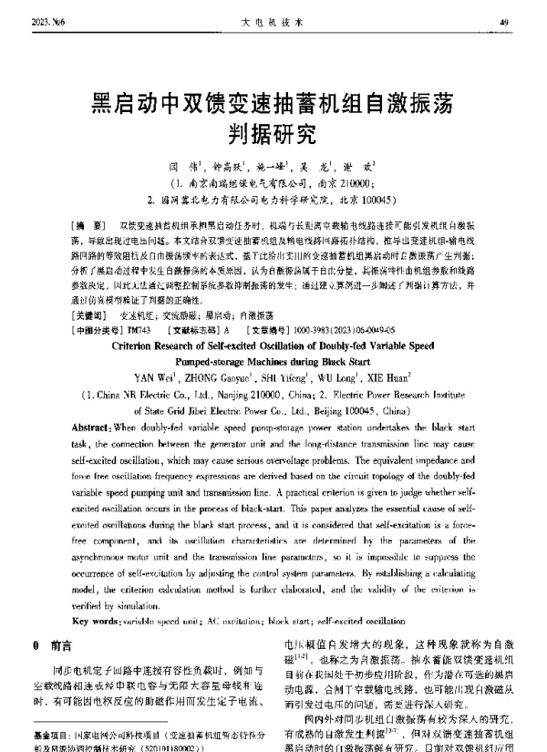 黑启动中双馈变速抽蓄机组自激振荡判据研究