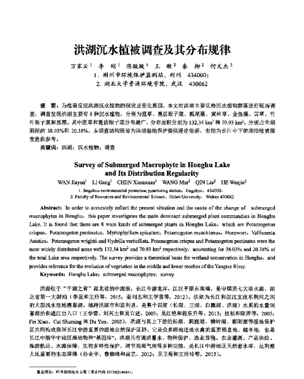 洪湖沉水植被调查及其分布规律