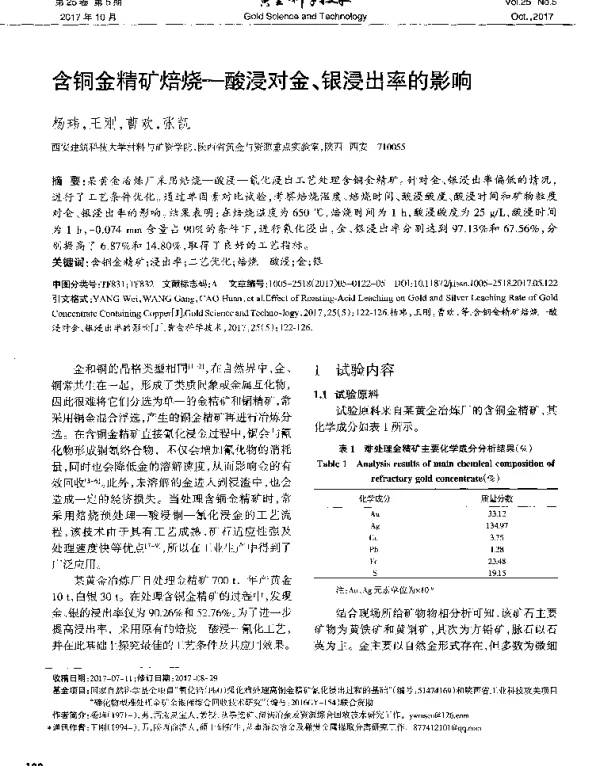 含铜金精矿焙烧-酸浸对金、银浸出率的影响