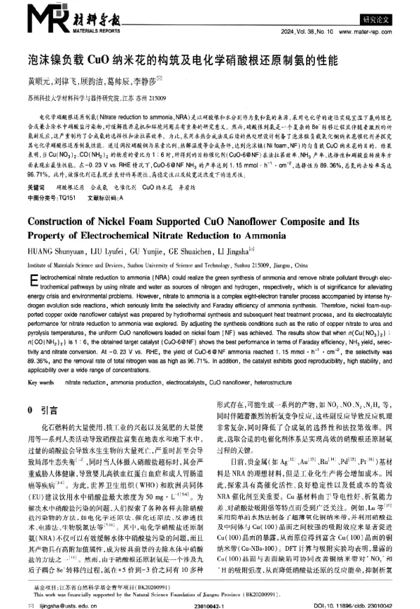 泡沫镍负载CuO纳米花的构筑及电化学硝酸根还原制氨的性能