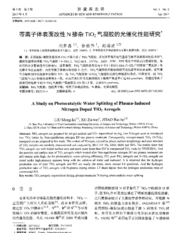 等离子体表面改性N掺杂TiO2气凝胶的光催化性能研究