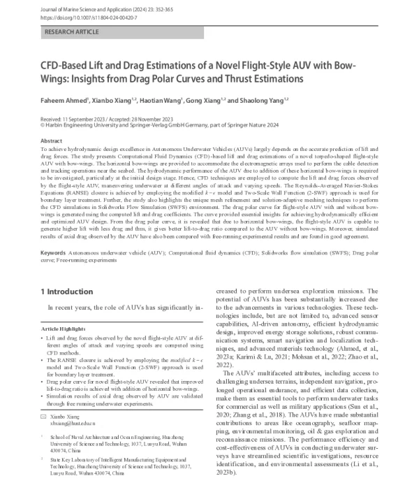 CFD-Based Lift and Drag Estimations of a Novel Flight-Style AUV with Bow-WingsInsights from Drag Polar Curves and Thrust Estimations